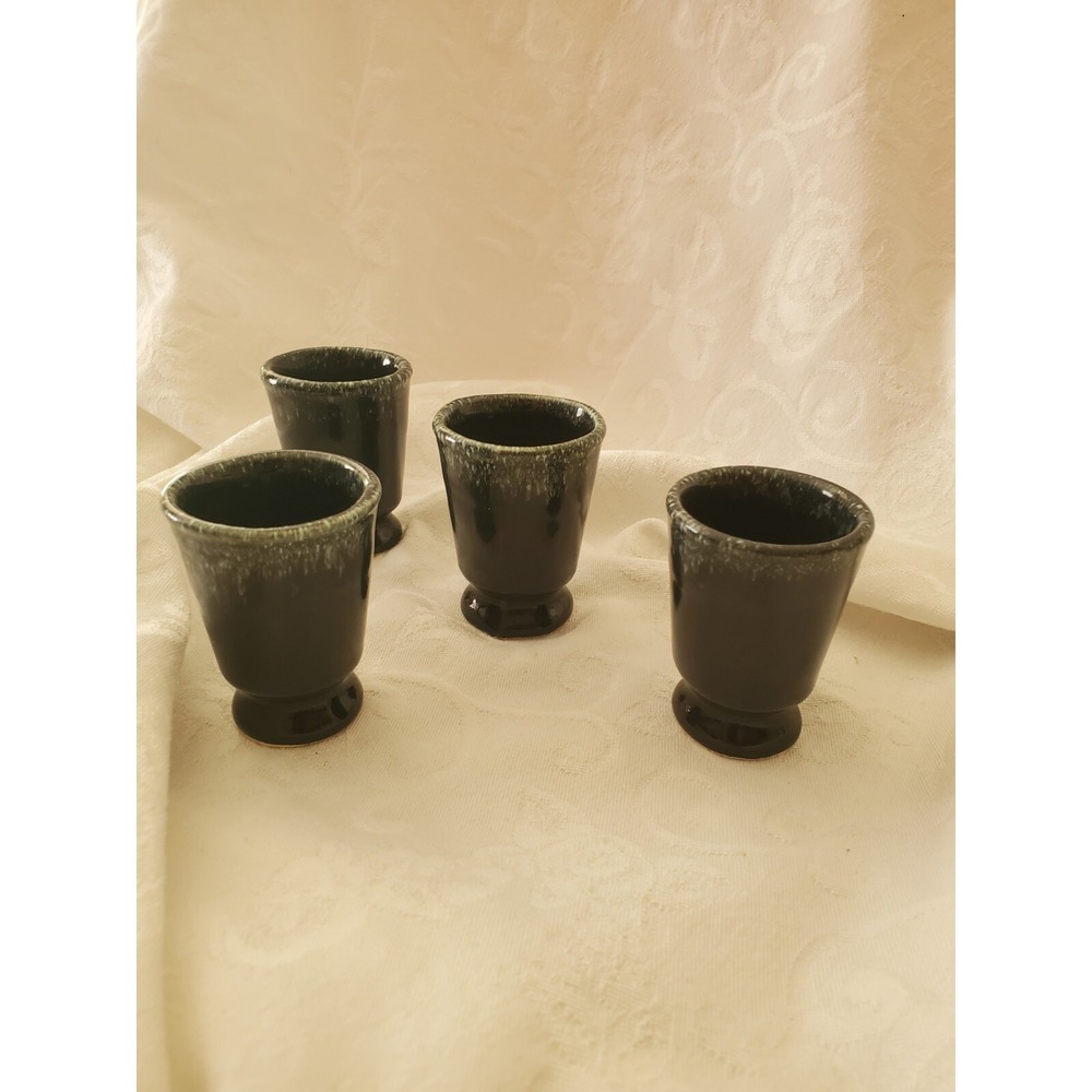 4 Pottery pedestal egg or Sake cups Green 2.5" tall from estate sale